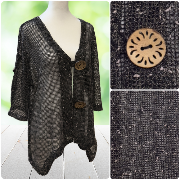 Lulu B Tops - LULU B Boucle Mesh Topper Jacket Sheer Wood Button Lagenlook Boho Black Size M